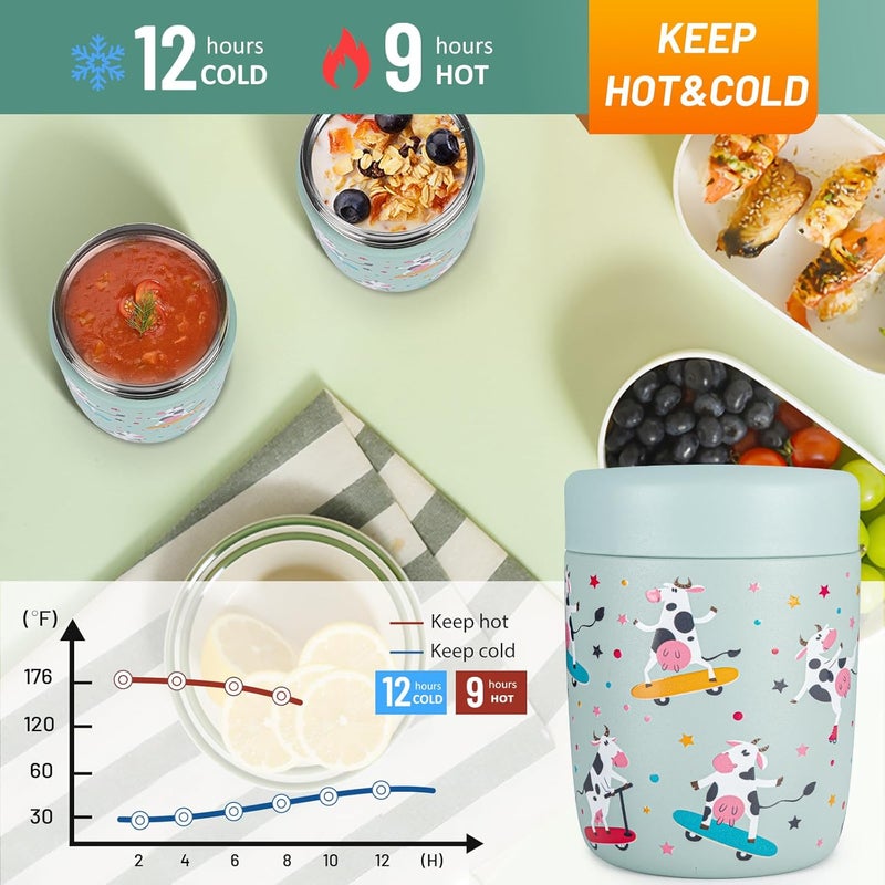Charcy 9oz Stainless Steel Vacuum Insulated Kids Food Jar - Soup Thermo for Hot & Cold Food - Cyan Dairy Cow - Image 4